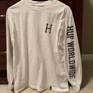 White HUF t with huf worldwide written on sleeves